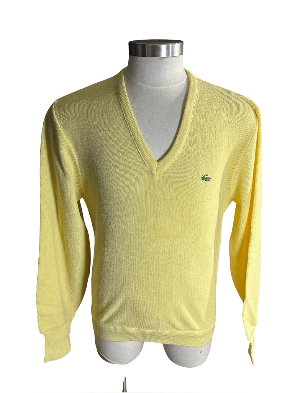 Vtg Izod Lacoste V Neck Sweater Yellow Orlon Acrylic Knit Pullover Sz L 80s USA